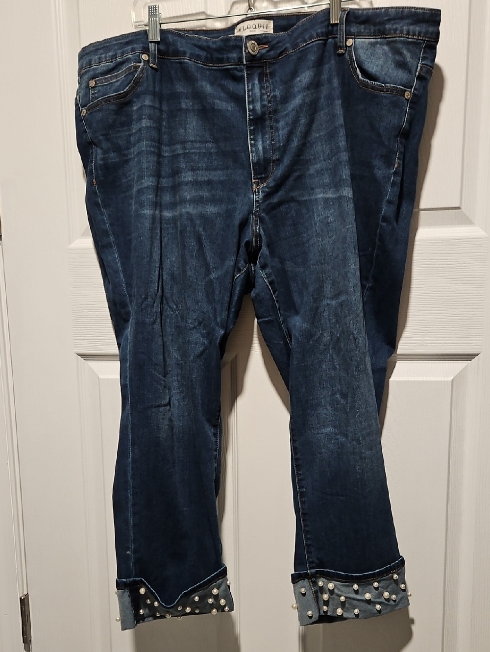 Eloquii Dark Blue Cropped Jeans with Pearl-Trim Cuffs